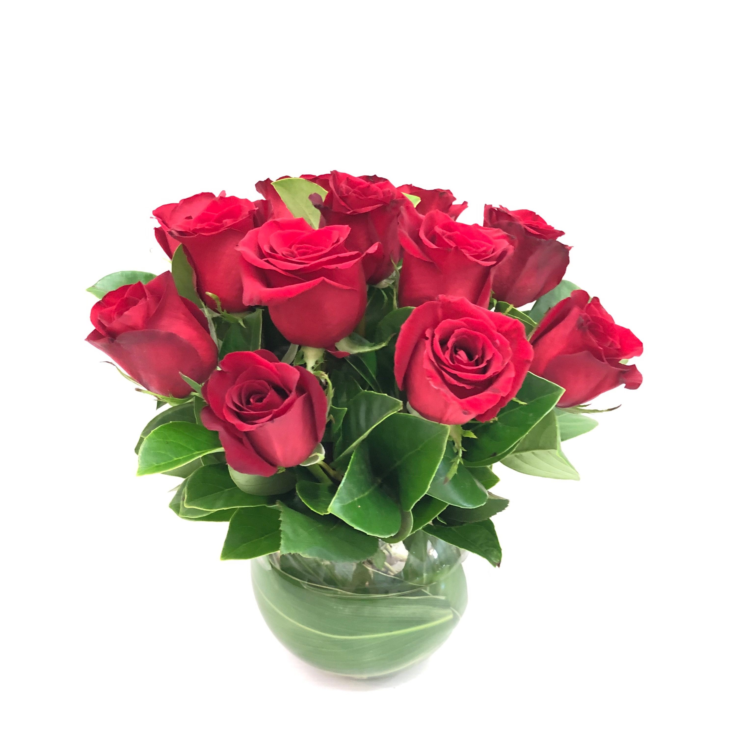 Shop Online Dozen Shortstemmed Roses in Round Fishbowl Vase Flowers in